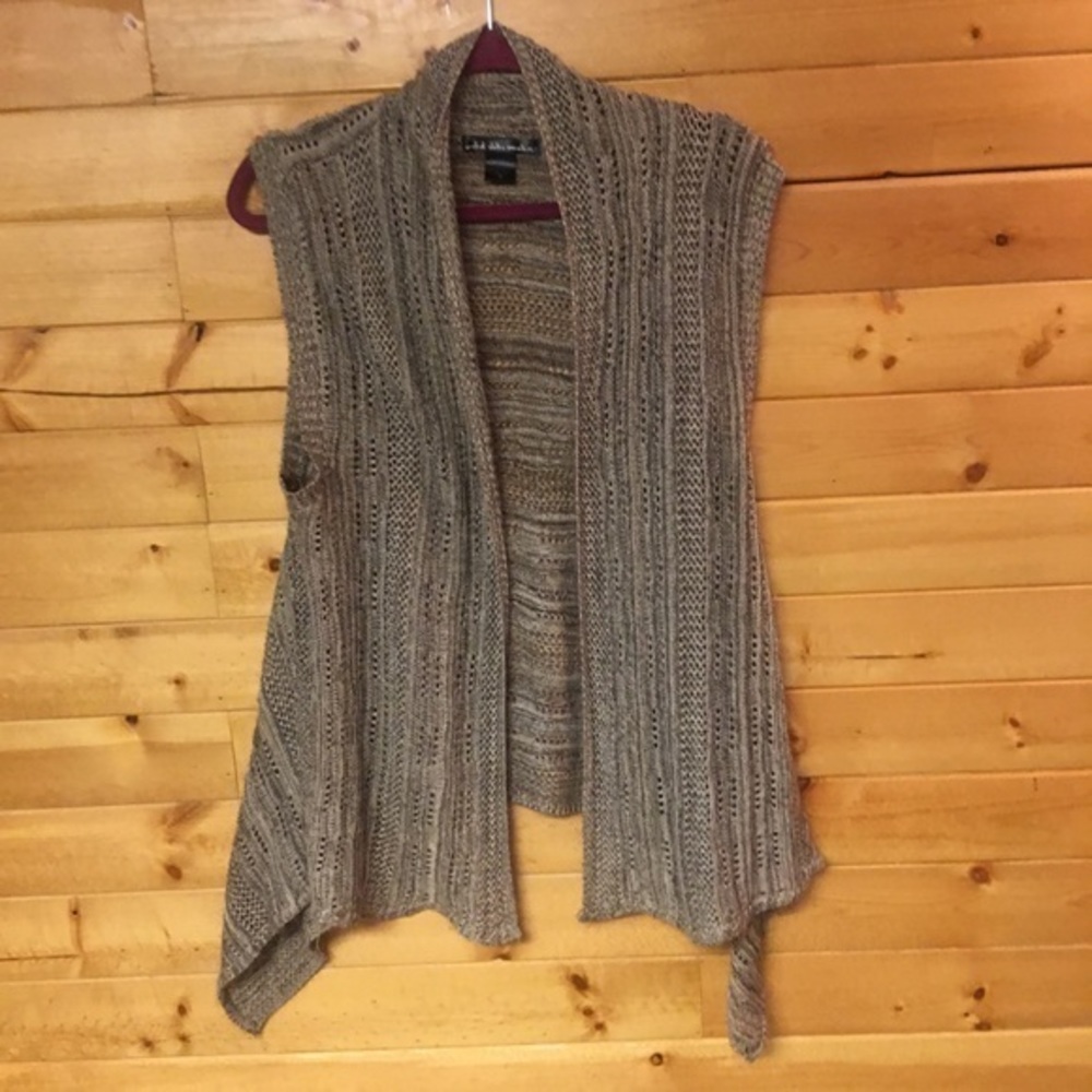 Brown & Beige Knitted Open Cardigan Sweater By United States Sweaters, Size M